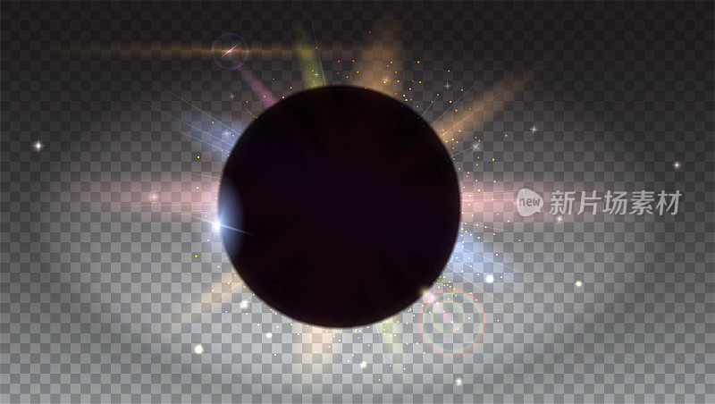Solar eclipse, astronomical phenomenon, light rays and lens flare backdrop. Star burst with sparkles. The planet covering the Sun in eclipse. Horizontal, isolated on transparent